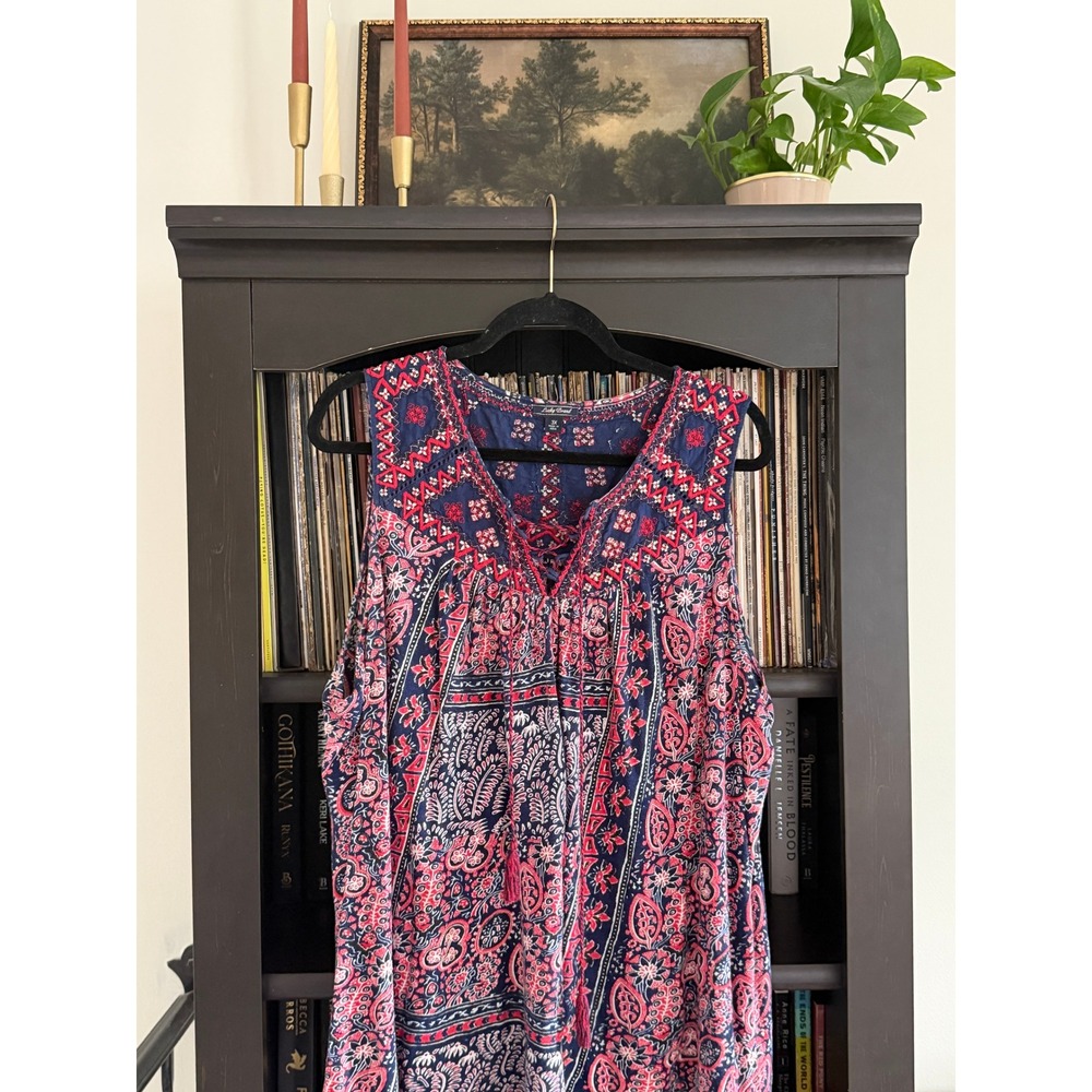 Lucky Brand Boho Embroidered Paisley 3X Blue Red Lace Up Tank Hippie Gypsy